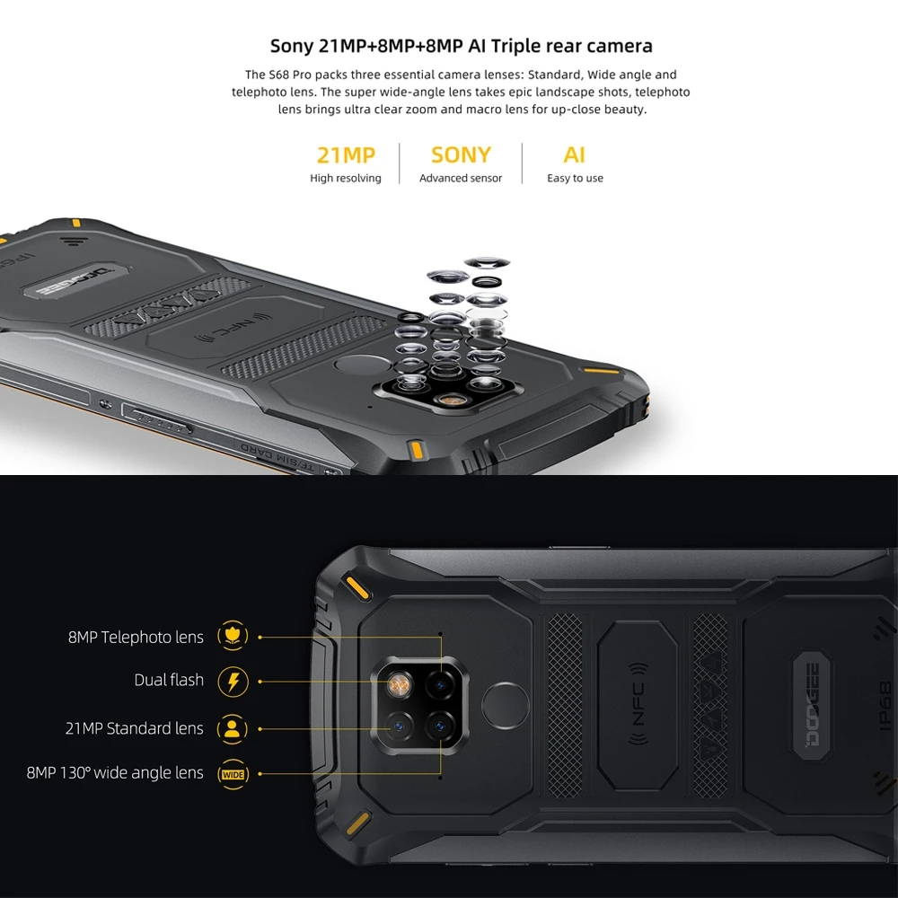 DOOGEE S68 Pro IP68/IP69K Rugged Phone Android 9.0 Helio P70 Octa-Core 6GB RAM 128GB ROM 5.84" FHD+ Display 16MP 4 Cams 6300mAh
