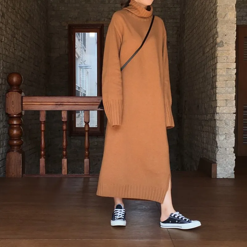 

Autumn Winter Women Casual Turtleneck Sweater Dress Solid Split Loose Dress Long Sleeve Plus Size Long Dress