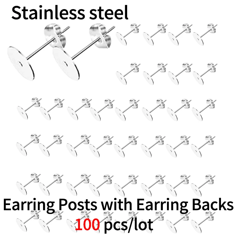 100 Uds. De pendientes de acero inoxidable dorados, pasadores de Base de poste en blanco con tapones para los oídos, para fabricación de joyas DIY