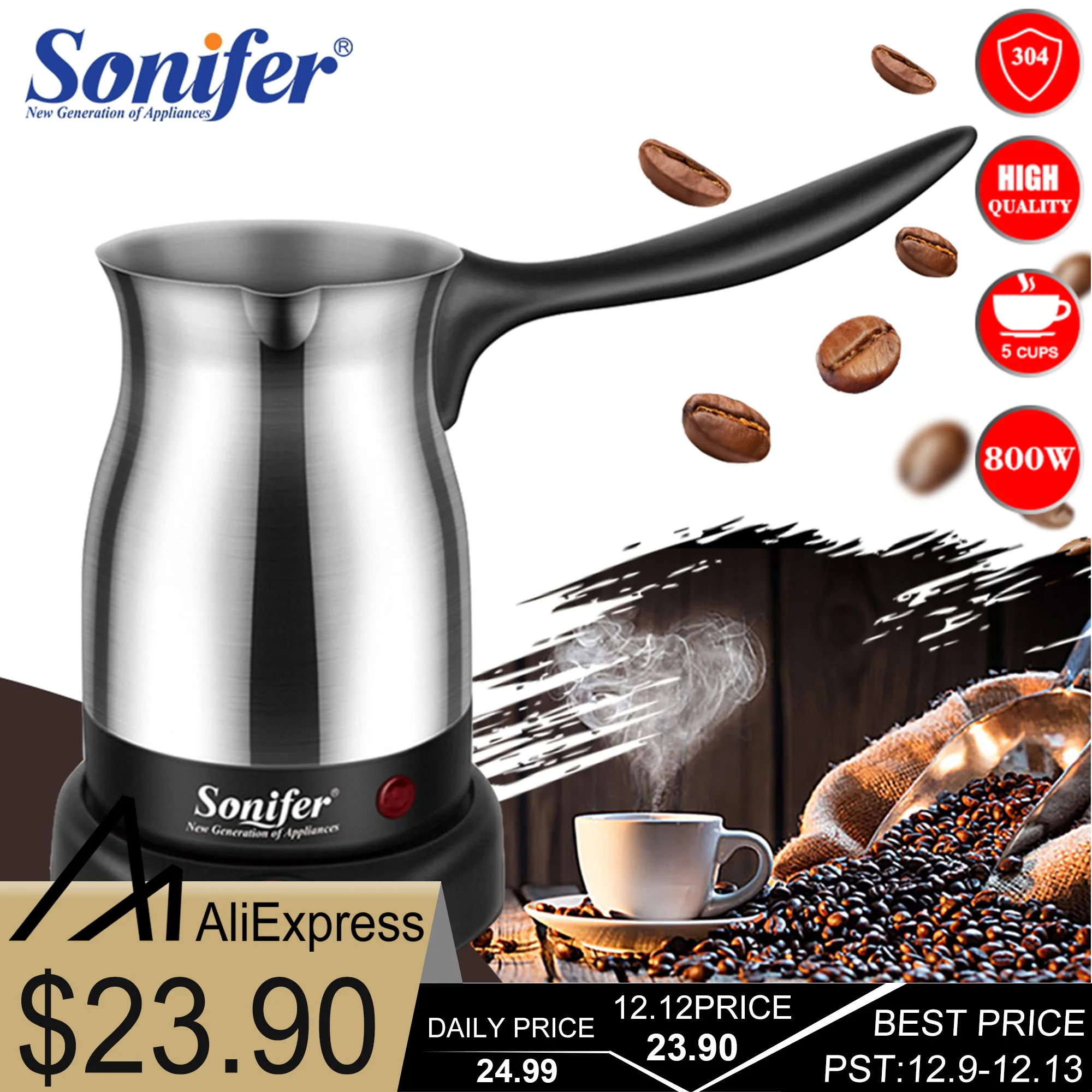 Baratos Cafetera de acero inoxidable 304, cafetera de pavo, cafetera eléctrica, hervidor de café con leche hervida para regalo 220V Sonifer