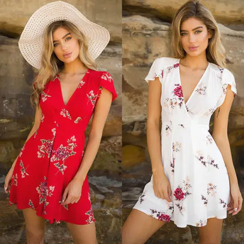 

Waist Chiffon Short Mini Dresses New 2018 Summer Women Short Sleeve Mini Dress Casual Party Evening V Neck High