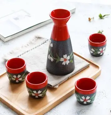 Vintage Ceramic Sake Pot Set with 4 Cups Japanese Cuisine Sake Bottle Pot Set - Цвет: Red Set