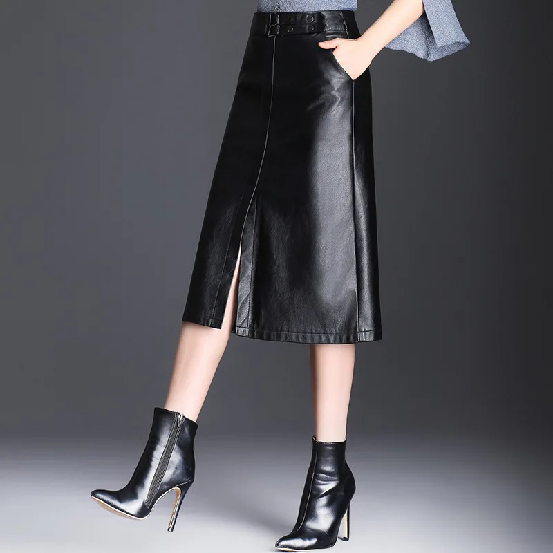 

Autumn and winter new leather skirt high waist slimming wear skirt skirt split skirt high waist shaping A word skirt