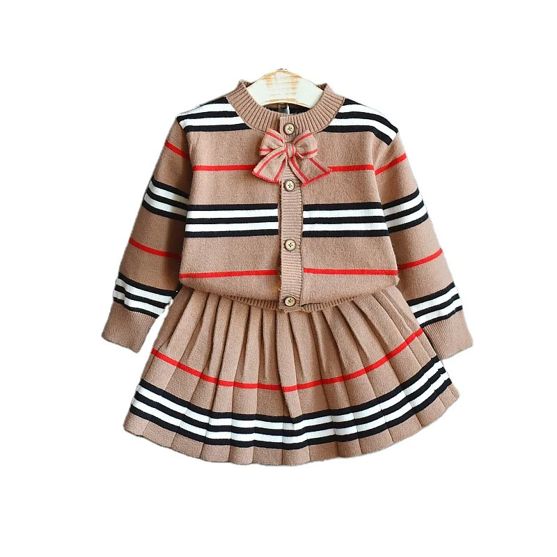 

New Baby Girl Clothes Set 2020 Autumn Winter Girls Fashion Striped Sweater Top With Short Skirt 2PCS Baby Knitted Suit
