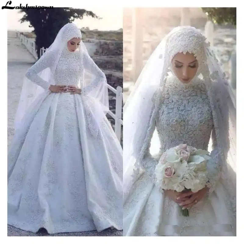 Arabic Muslim Satin Wedding Dresses 2020 High Neck Lace Appliqued Long Sleeves Bridal Gowns Ball Gown Hijab Bridal Wedding Gown Aliexpress