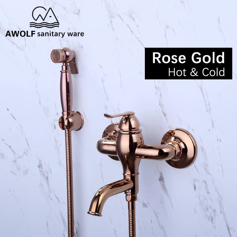 Rose Gold Douche Kit Hot And Cold Hand Held Bidet Sprayer Solid Brass