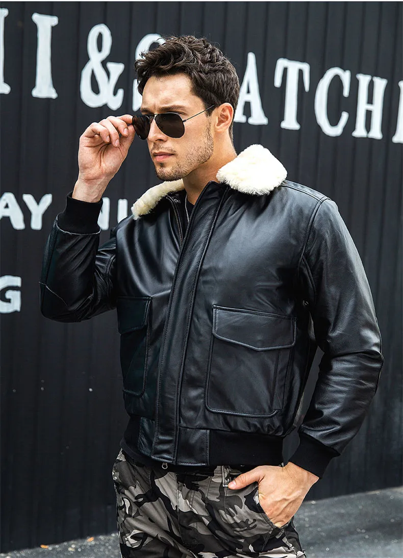 long sheepskin coat 2022 Brown Military Style G1 Pilot Leather Jacket Men Europe Size 3XL Wool Collar Real Natural Cowhide Autumn Loose Aviator Coat bomber jacket sheepskin