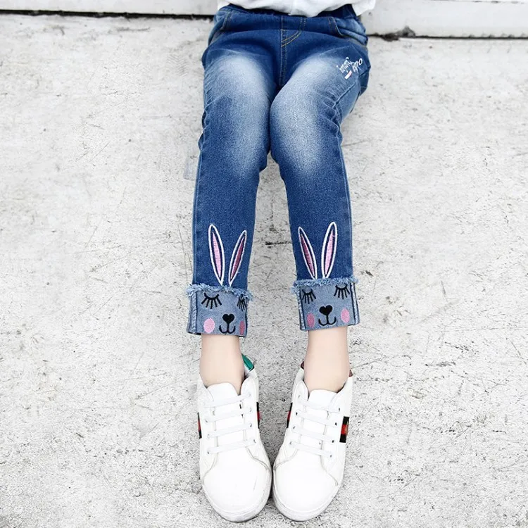 

2018 Spring And Autumn Korean-style New Style Girls Elasticity Jeans Big Boy Rabbit Embroidered Tight CHILDREN'S Pants Fashion