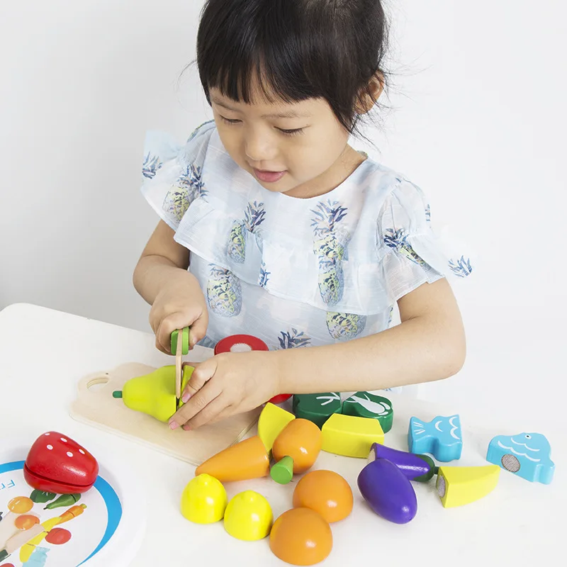 Velcro Wooden Fruit and Vegetable Combination Cutting Toys Set Children Simulation Pretend Play Kitchen Game Kids Birthday Gift
