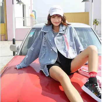 

Spring Women Frayed Hole Ribbons Denim Jacket Streetwear Bf Wind Jeans Jacket Long Sleeve Oversized Casual Loose Coat
