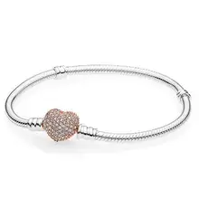 925 пробы серебряный браслет из розового золота с застежкой в виде сердца с кристаллами браслет подходит для женщин Шарм из бисера Diy модное ювелирное изделие