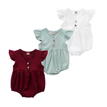 

2020 Toddler Newborn Baby Girls Solid Fly Sleeve Bodysuits Buttons Jumpsuits Cotton Casual Summer Cute Little Baby Outfits