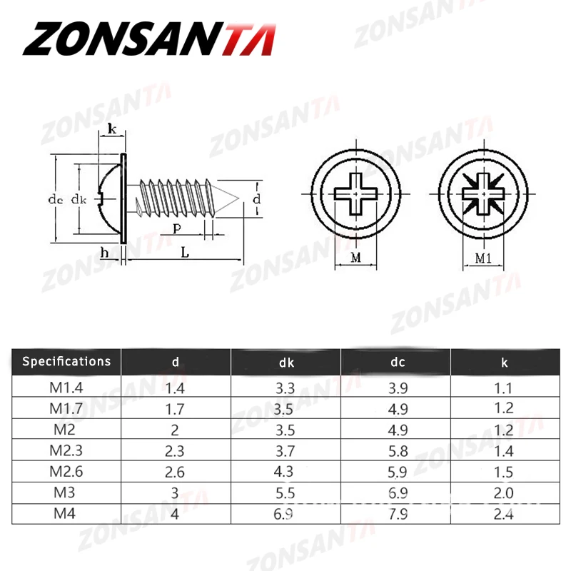 Self tapping screw 50pcs M1.4 M1.7 M2 M2.3 M2.6 M3 M4 Cross Round Head with Washer Self Tapping Screw 304 Stainless Steel Wood Screws