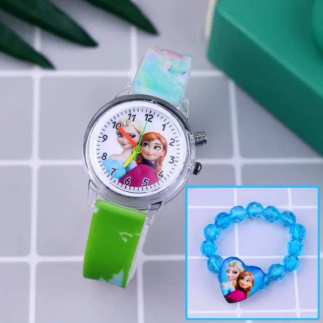 Fashion Cartoon Flash Light Girls Watches Kids with Bracelet Silicone Strap Princess Elsa Children Watches Clock reloj infantil Green with Bracelet