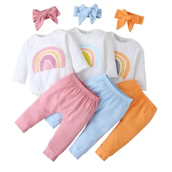 

3PCS Set Newborn Baby Boy Girl Long Sleeve Rainbow Bodysuit Tops Long Pant Headband Outfits Baby Clothes