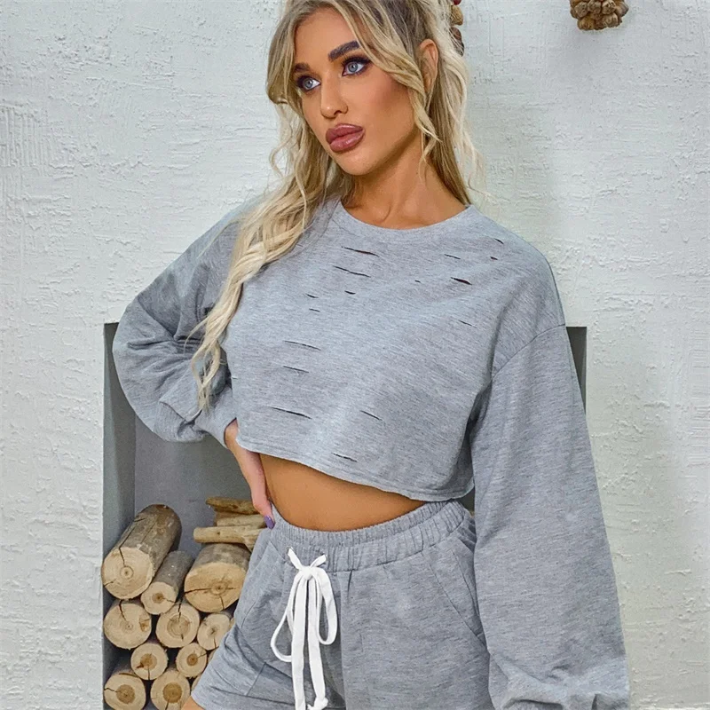 

JYSS new grey sweatshirt women undefined ripped short hoodies sudaderas mujer 2020 crop top women 61111