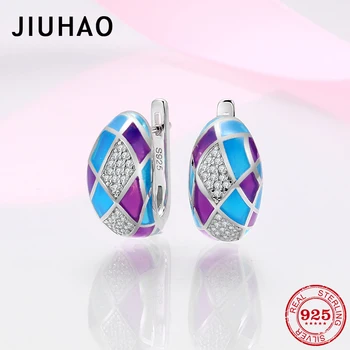 

925 Sterling Silver Earrings For Women rhombus mesh pattern with Shimmering clear Cubic Zirconia blue HANDMADE Enamel Earring