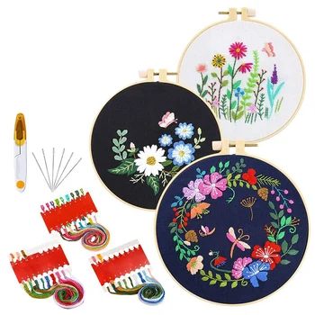 

3 Sets Embroidery Starter Kit with Patterns Include Embroidery Clothes Plastic Embroidery Hoops Color Threads and Tools