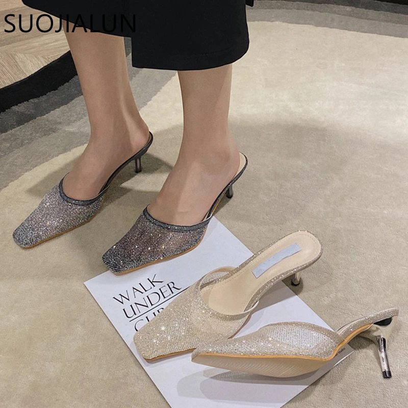

SUOJIALUN Women High Heel Women Mules Slipper Fashion Bling Mesh Sandal Ladies Elegant Slip-On Summer Mules Slides Designer Shoe