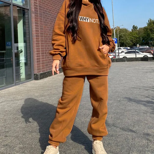 Two Piece Set Casual Fleece Tracksuit Women Winter 2021 Women's Sets Oversized Hooded Long Sleeve Hoodie Sport Pants Lady Suit 03 Camel Print