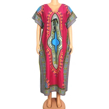 

2020 African Dashiki Traditional Print 100% Cotton Sexy V-Neck Women Dress Fashion Summer Short Sleeve African Dresses For Women