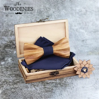 

3D wood bow tie set Cheap Promotional Butterfly shape bow tie With wood Brooch Pocket Square For Business Gift Use