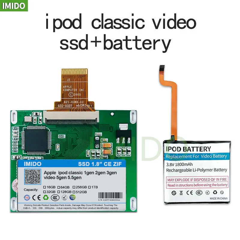 New SSD and battery for iPod classic 7gen 128GB Video 5th generation replaces mk3008gah mk8010gah mk1634gal 256G 512GB | Компьютеры и