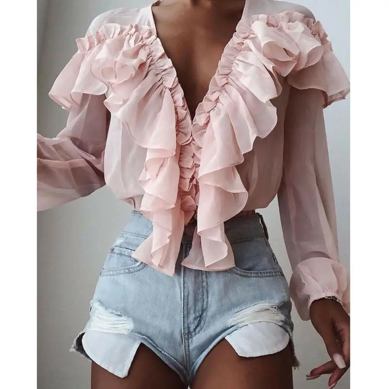 

Women Chiffon Solid Pink Color Top V-Neck Ruffle Trim Blouse Casual Long Sleeve Loose Blouses Tops Streetwear