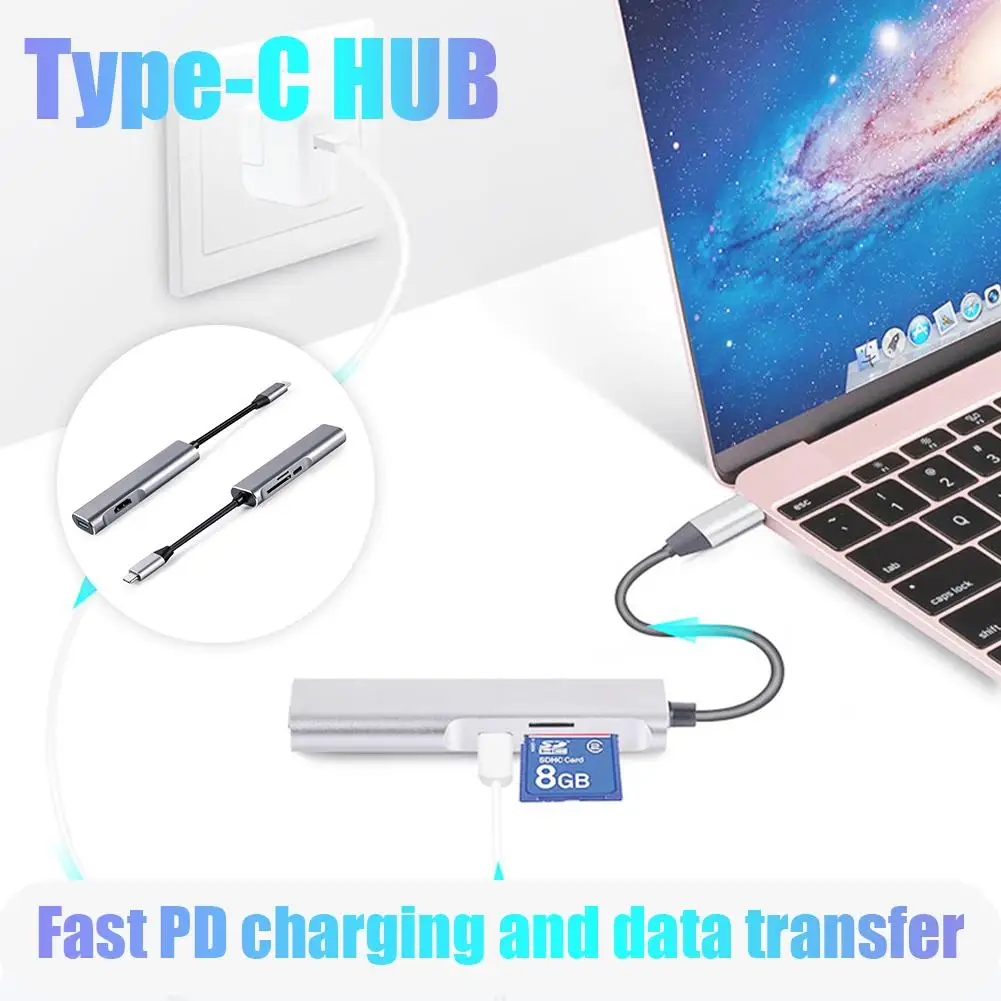Новые Plug And Play Тип-C концентратор USB док-станция с HDMI+ SD/TF карт 5-в-1 кард-ридер Мультифункциональный преобразователь Алюминий из алюминиевого сплава
