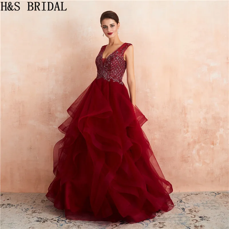 H& S свадебная диадема платья бальное платье vestidos De 15 Anos для девочек красная юбка с оборками Блестки из бисера Вечерние платья для выпускного вечера