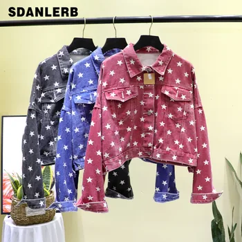 

Short Jean Jacket Women 2020 Spring Fall New Denim Jacket Fashion Pentagonal Star Print Loose Short Tooling Casual Jacket Coat