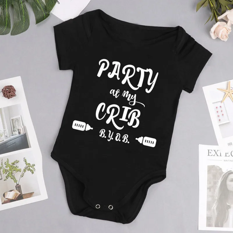 

Cute Party at My Crib Byob Print Baby Bodysuit Jumpsuits Toddler Girl Baby Clothes New Born Romper Costume Boy Clothing