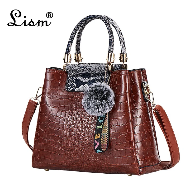 

Women's bag 3 layer large capacity crocodile pattern + snake pattern handbag 2019 new luxury high quality hair ball pendant shou