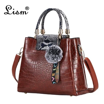 

Women's bag 3 layer large capacity crocodile pattern + snake pattern handbag 2019 new luxury high quality hair ball pendant shou