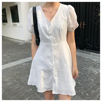 

Hollow out puff sleeve A-line mini white cotton dress summer