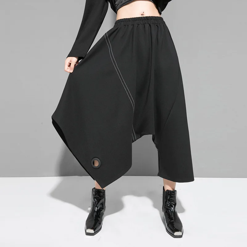 

Casual Harem Pants Elastic Force Irregular Calf-length Pants Female Black Color Elastic Waist Trousers For Women Streetwear