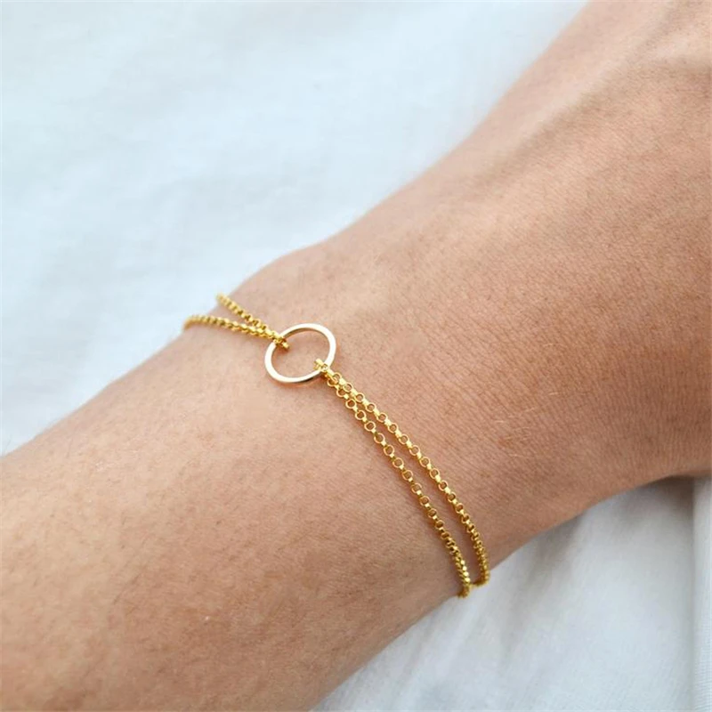 14K 골드 채워진 더블 레이어 팔찌 수제 서클 쥬얼리 Boho 매력 팔찌 여성을위한 빈티지 Anklets 신부 들러리 선물