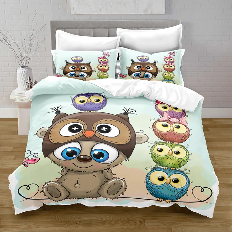 

3D Printing Owl Quilt Cover with Pillowcase Bedroom Decoration Kawaii Bedding Queen Bedding Bedroom Set King Size Bed
