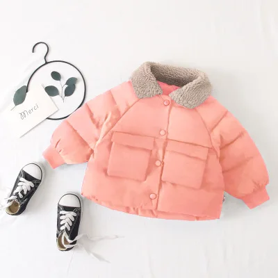 Новая Корейская версия зимней детской одежды детская хлопковая утепленная однотонная пуховая куртка с отворотами для девочек - Цвет: Розовый