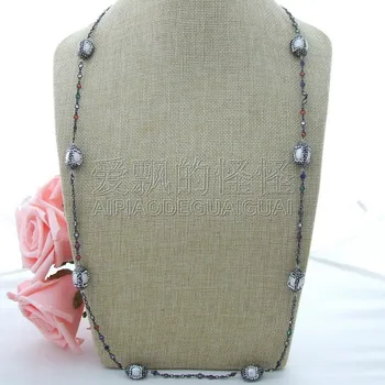 

N021204 35'' White Pearl Multi Color Crystal Chain Necklace
