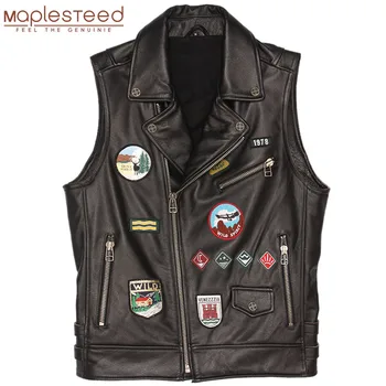 

Men Motorcycle Vest Patches 100% Natural Cowhide Slim Fit Genuine Leather Vest Moto Waistcoat Men Leather Jacket Sleeveless M448