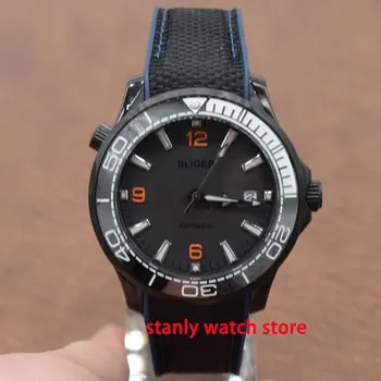 

Solid 41mm Bliger gray dial luminous marks black white ceramic bezel sapphire rubber strap automatic mechanial men's watch