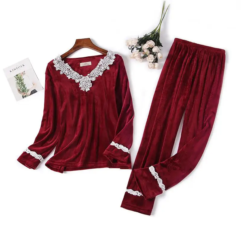 Сексуальная велюровая бархатная Пижама Леди 2 шт. пижамы Осень с длинным рукавом рубашка и брюки пижамный комплект мягкие повседневные Домашняя одежда Интимная Ночная одежда - Цвет: Red