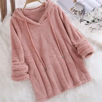 

Autumn Winter Long Sleeve Plush Hoodies Women Warm Solid Fluffy Hoodies Flannel Pullover Pajama Loose Hooded Sweatshirts Tops