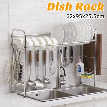 

2 Tiers Steel Kitchen Shelf Organizer 95x25.5x62cm Dishes Drying Rack Over Sink Drain Rack Kitchen Storage Utensils Holder