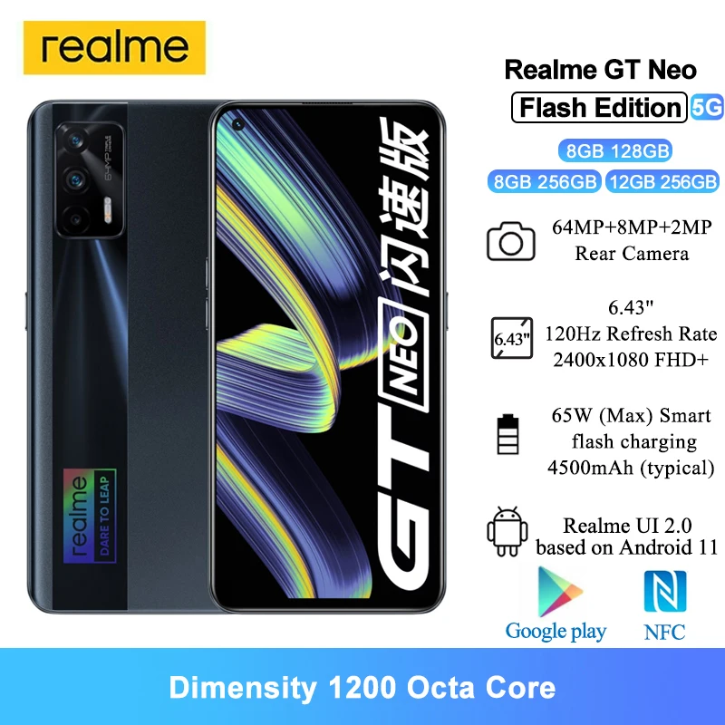 Realme GT Neo Flash Edition 5G NFC Mobile Phones 6.43&quot FHD+ Dimensity 1200 Octa Core 64MP 65W Fast Charge Android Smartphone | Мобильные