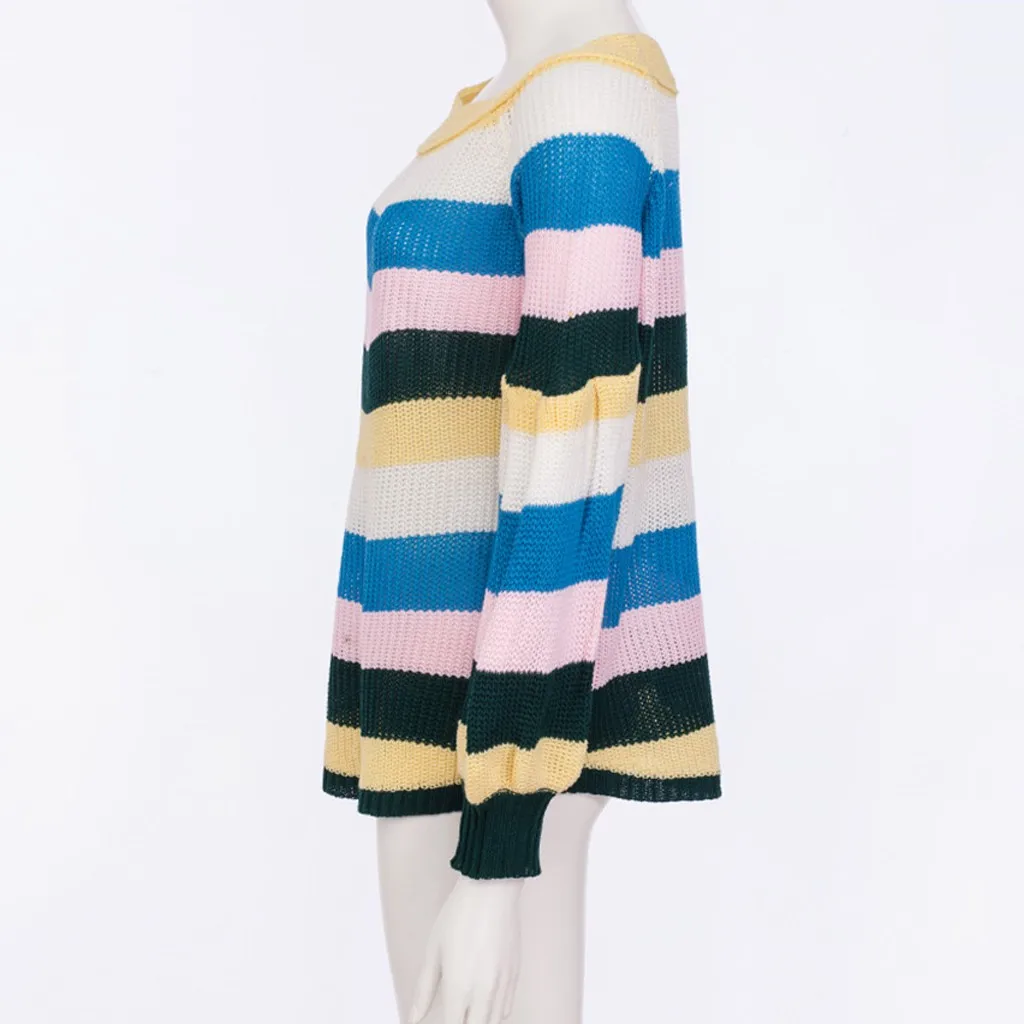 SAGACE, женский сексуальный Свободный вязаный свитер в радужную полоску, топы, блуза, высокое качество, женский свитер с длинным рукавом в стиле пэчворк, топы