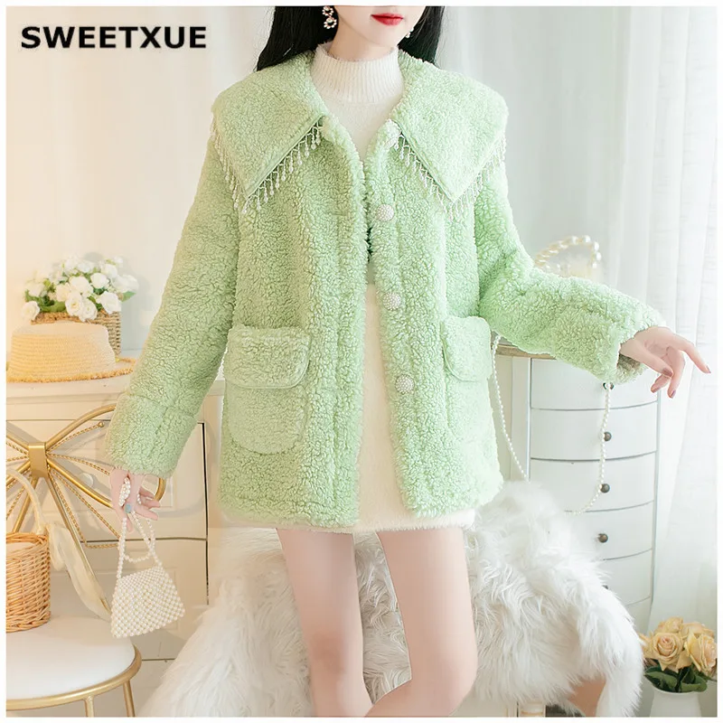 SWEETXUE, Женское пальто из искусственной овечьей шерсти, однобортное, с карманами, Женская куртка, украшенная бисером, с кисточками, верхняя одежда, осень-зима