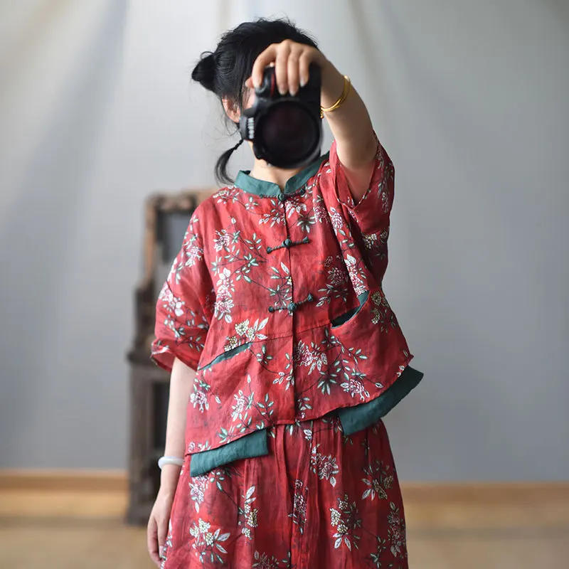 Women Loose Printed Linen Blouse Female Single Breasted Shirt Tops Female Vintage Flax Shirts 2020 Summer 3