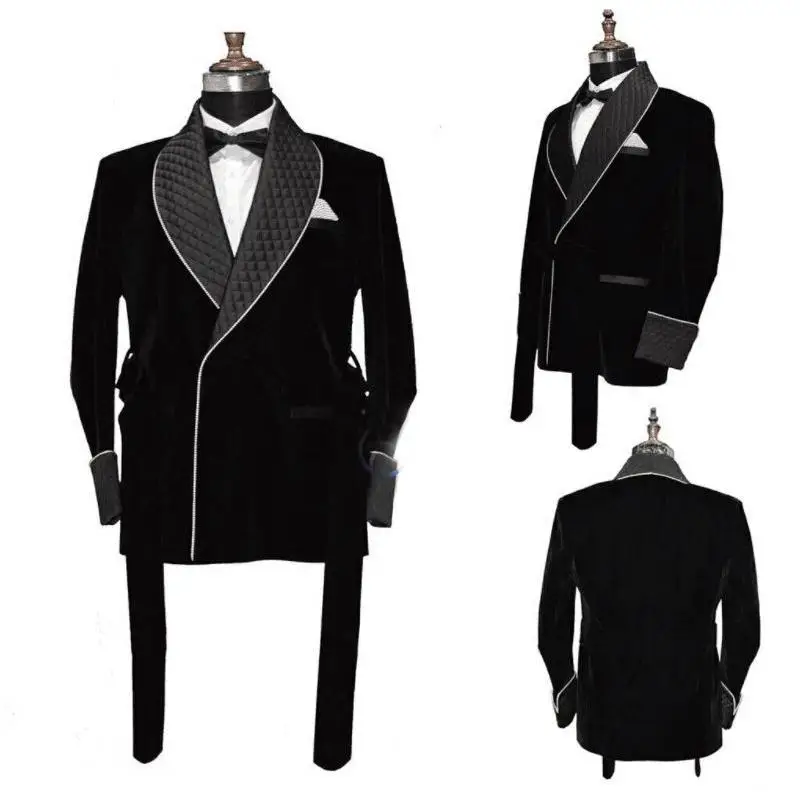 Winter Black Velvet Men&rsquo;s Smoking Overcoat Red Long Jacket Groom Party Prom Coat Business Wear Clothing Only 1 Blazer With Belt